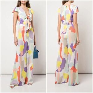 Alice + Olivia white blue yellow pastel abstract print wide leg Sierra jumpsuit